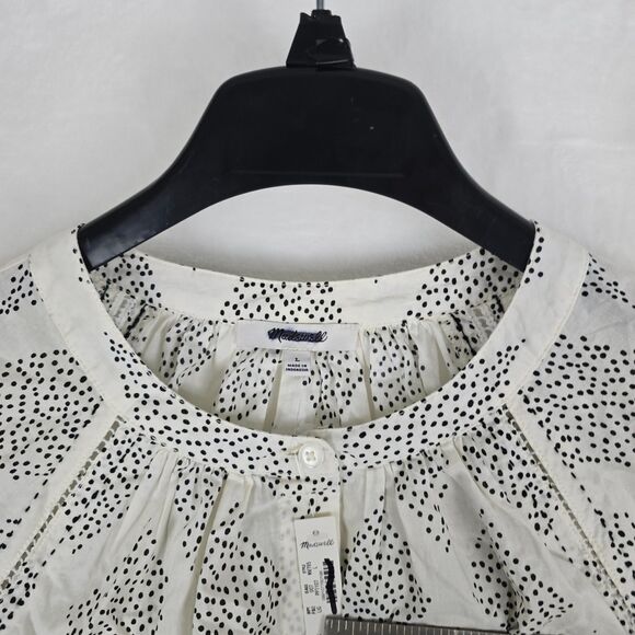 Madewell Shirred Balloon-Sleeve Top Women’s Large White Black Dot Cotton Boho - Picture 7 of 13